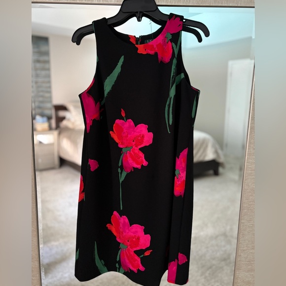 NWOT Ralph Lauren Black Sleeveless Red Floral Print A Line Shift Dress Size 10 - Picture 2 of 6